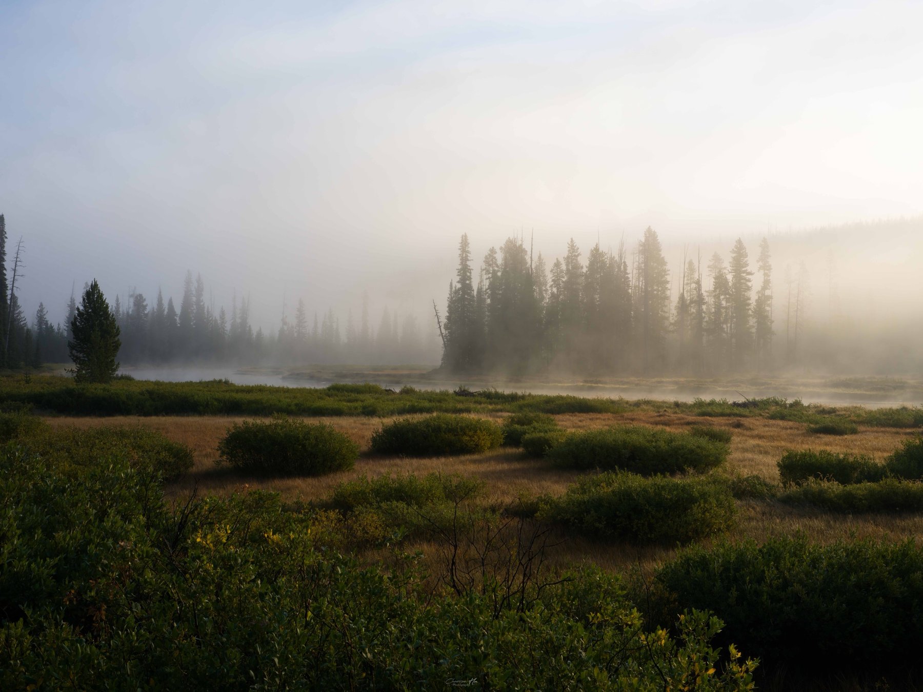 Misty meadow and river at sunrise