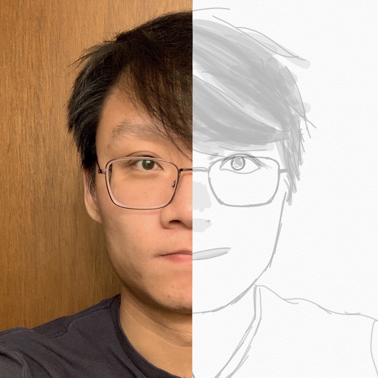 Portrait of Chaoran Hu, half photo and half pencil sketch